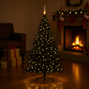 Sapin de Noël artificiel pré-éclairé 94,5 pouces en PVC noir avec 300 lumières LED blanc chaud pour décoration de fêtes - Product Image 2
