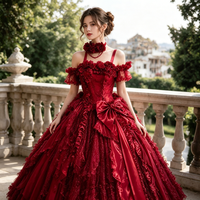 Gaun Pengantin Gothic Lolita Wanita Model Off Shoulder Motif Mawar, Gaun Merah Vintage Panjang Menyentuh Lantai untuk Pesta Prom