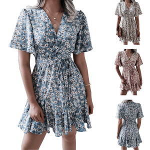 Vestido de Verano para Mujer, Estampado Floral, Cuello en V, Hombros Descubiertos, Manga Corta, Corte en A, Cintura Elástica, Estilo Vintage, para Uso Diario - Product Image 1