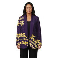 Setelan Blazer Wanita Ukuran Besar Motif Bunga Suku Samoa, Gaya Pulau Polinesia, Jaket Kerah Turun, Cetak Khusus