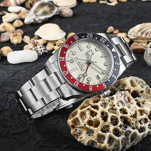 Relógio de pulso masculino clássico GMT com logotipo personalizado safira, relógio mecânico automático com moldura de cerâmica e revestimento super luminoso - Product Image 4