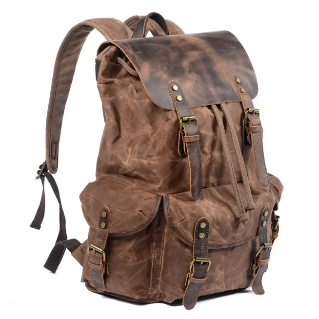 European Fashion Leather Backpack for Men, Waxed Canvas Shoulder Rucksack for Travel School