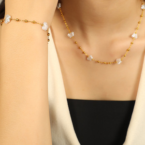 Bijoux hypoallergéniques de luxe, perles en or 18 carats, chaîne en acier inoxydable, bracelet à breloques, collier, ensembles de bijoux pour femmes - Product Image 2