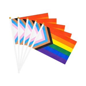 Petit drapeau de la fierté du progrès sur bâton 5'' x 8'' - Drapeaux de la fierté du progrès à tenir à la main 21 x 14 cm, mini drapeau arc-en-ciel LGBTQ - Product Image 1