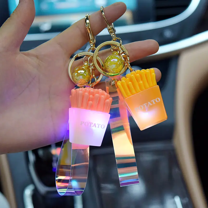 Personalità creativa gourmet keychain sveglio HA CONDOTTO LA luce popcorn patatine fritte sacchetto della catena chiave dell'automobile pendente