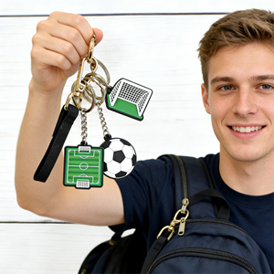 Porte-clés promotionnel personnalisé en acier inoxydable et caoutchouc souple, avec logo et couleur sur mesure, design durable, pour le sport et le football - Product Image 2