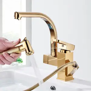 Altın mutfak lavabo musluğu çekin 360 rotasyon lavabo bataryası yıkama ev tek kulplu Metal soğuk ve sıcak bulaşık makinesi