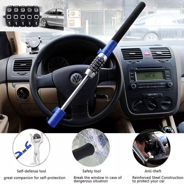 Universal 5-Digit Combination Retractable Steering Wheel Lock-Heavy-Duty Steel Anti-Theft Car Security Device with Double Hooks