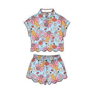 Conjunto de ropa para niñas pequeñas GSSO3581 personalizado, con lazo, estampado de flores, manga corta, cuello festoneado, con cremallera, venta al por mayor - Product Image 1