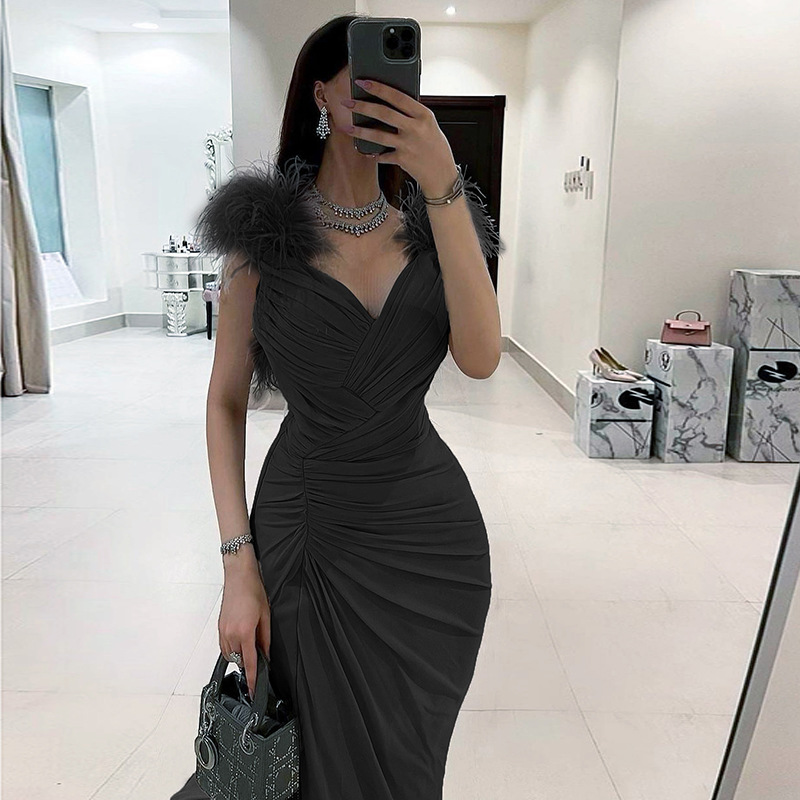 New Collection Long Black Feather High Split Elegant Dresses 2022 Party Gowns For Women Evening Dress