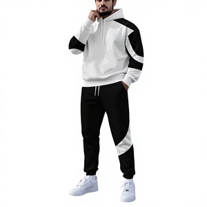 Men's <b>White</b> Black Color Blocking Hoodie <b>Jogger</b> Set Casual Autumn Wear Knitted Cotton Sweatshirt Pants Outfit - Product Image 1
