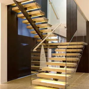 Marche d'intérieur en bois, style moderne, bordure en verre, LED, balustrade légère, escalier en bois