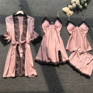 High Quality Sexy Women Four Piece Pajamas Set <strong>Silk</strong> Nightgowns Sexy Lace Robe Set <strong>Ladies</strong> Elegant Loungewear <strong>Silk</strong> <strong>Pyjamas</strong> - Product Image 3