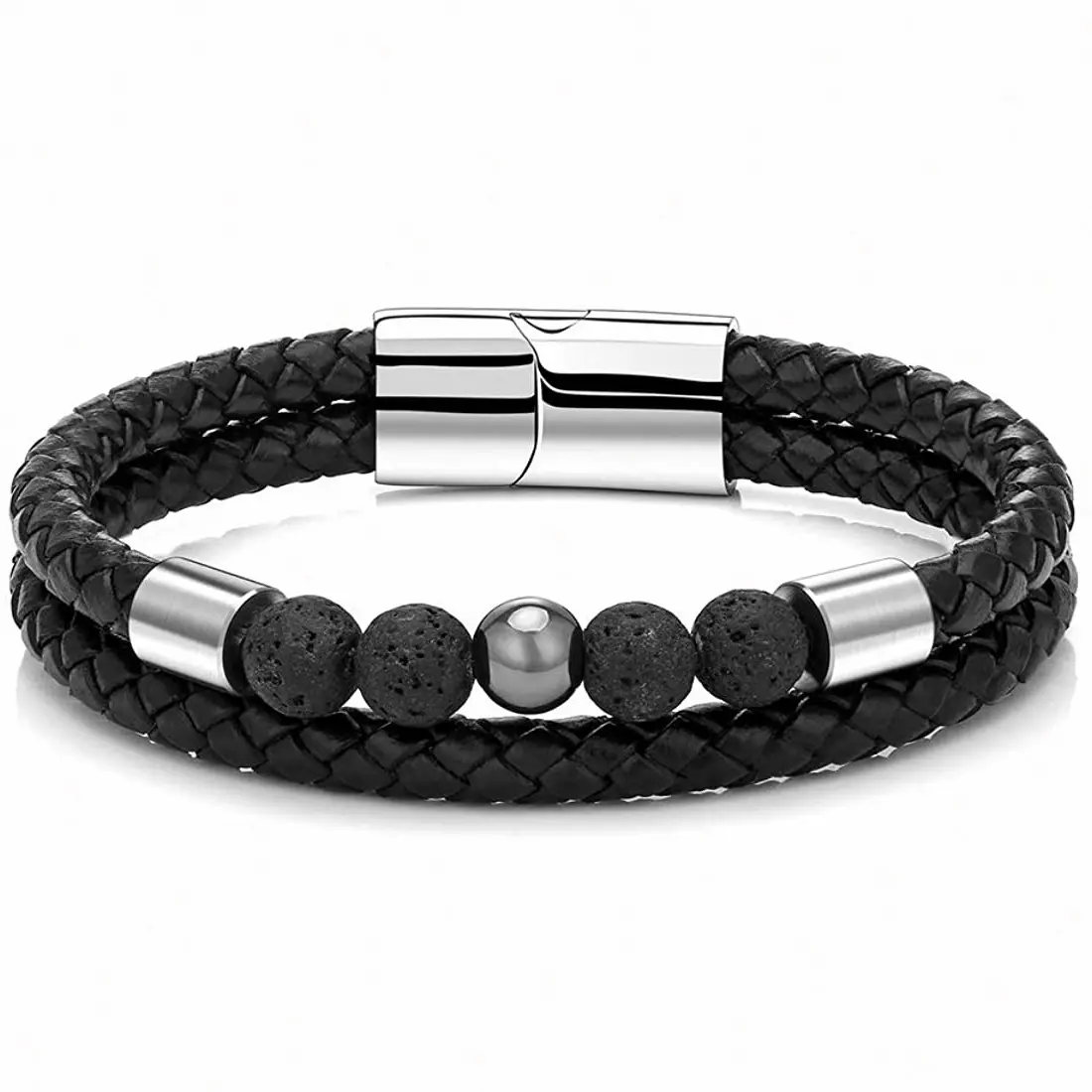 Punk Style Stainless Steel Genuine Leather Bracelet Handcrafted Natural Tiger Eye Lava Stone Bracelet