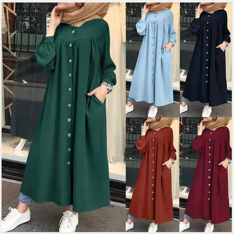 F506# China Supplier Islamic Clothing Fashion Button Habaya Malaysia Jakarta Moroccan Kaftan Women Muslim Dress