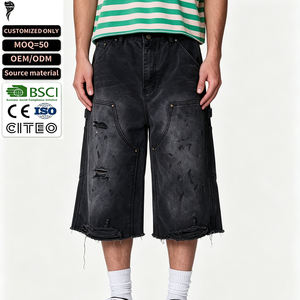 <b>Men</b> Distressed <b>Black</b> Denim Capri <b>Shorts</b> Raw Hem Ripped Cargo Jorts Multi Pocket Streetwear Loose Fit Denim Cropped Pants Custom - Product Image 1