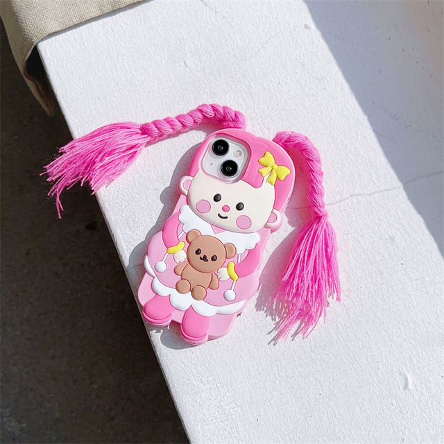 Jmetec Fashion Women 3d Cute Bear Pigtail Girl Kids Shockproof Cartoon Silicone Phone Cover Case for Iphone 16 15 Pro Max 17