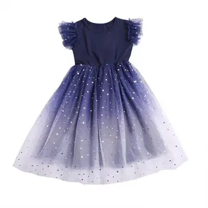 Mädchen Sommerkleid neu 2024 Ausländisches Sternverlauf kurzärmeliges Prinzessenkleid gepolsterte Gausenkleider für Mädchen