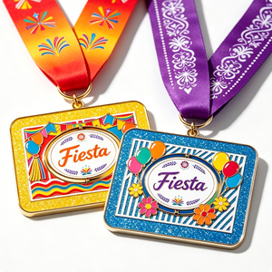 Medalla de Fiesta Rectangular de Aleación de Zinc Bañada en Oro con Esmalte Duro, Temática de Arte Folclórico para Fiestas de Cumpleaños, Premio con Cinta - Product Image 2