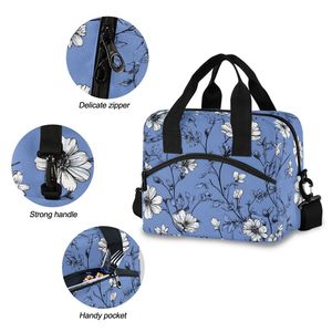 Sac à déjeuner isotherme bleu à fleurs, sac isotherme portable avec bandoulière pour le bureau, l'école et les voyages - Product Image 5