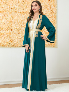 2026 Neuerscheinung Luxuriöses Goldbesticktes Baumwollsatin Leichtes Vierwege-Stretch Maxikleid Damen V-Ausschnitt Langarm Formell - Product Image 3