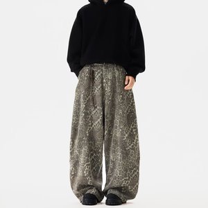 American Retro Leopard Print Scimitar Wide-Leg Low Waist High Street Loose Casual Spring Autumn Cool Workwear <b>Jeans</b> - Product Image 4