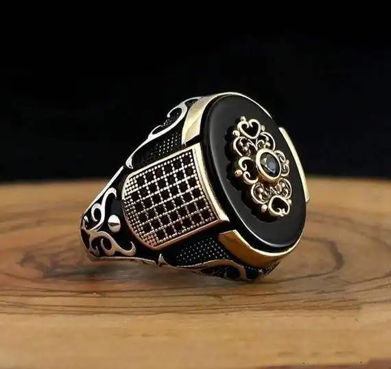 Hifive hip hop Jewelry Ring Chunky Fine Gemstone Ring 925 Sterling Silver Black Onyx Stone Ring for Men