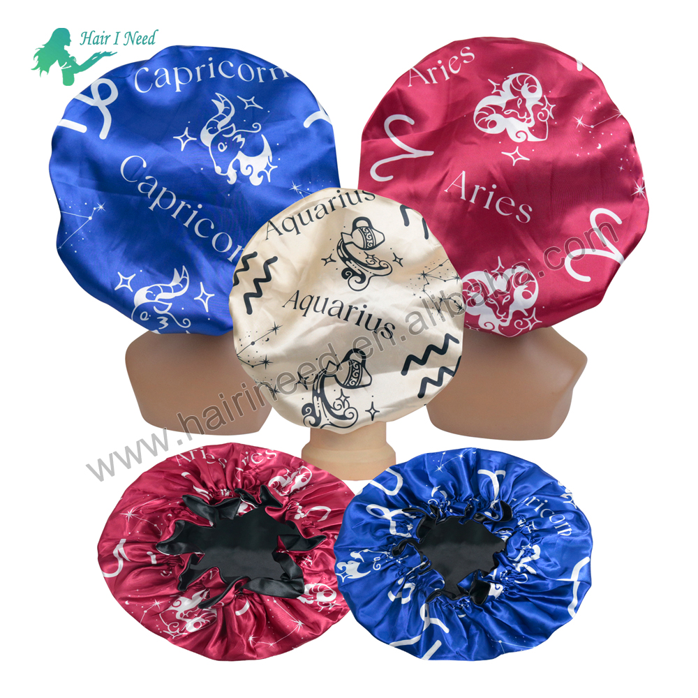 Custom Design Aquarius Hair Bonnet Constellation Zodiac Sign Bonnets Reversible Silk Satin Hair Bonnet With Logo Customable