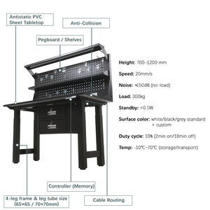 Table de travail réglable en hauteur avec 4 moteurs, capacité de charge de 300 kg, 4 pieds, poste de travail électrique, bureau debout avec tiroir, panneau perforé, lumière et prise - Product Image 4