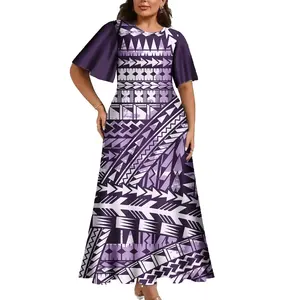 Vestido longo com desenho tribal polinésia elegante, manga larga, estampado personalizado, puletasi de samoano, roupa feminina plus size, vestido tamanho grande 2024