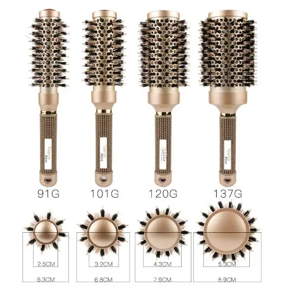 Custom logo Round brush Boar Bristle Nano Thermic Ceramic Ionic gold hair brushes