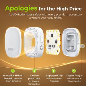 AUVON - Juego de 4 luces nocturnas LED enchufables, luz blanca cálida de 1600K, sensor de movimiento ámbar, del anochecer al amanecer, diseño retroiluminado regulable - Product Image 6