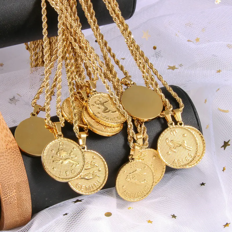 2022 Fashion 18 K Gold Plated Waterproof 316 L Stainless Steel Zodiac Coin Pendant Necklace For Women Men Hip Hop Jewelry Neckl