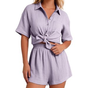 Womens Casual 2 Piece Outfit Cotton Linen Set Button Down Shirt Shorts Breathable Spring Summer <b>Lounge</b> Beach Wear - Product Image 1