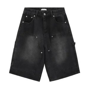 Pantalones cortos de mezclilla cargo de cintura alta para hombre, con remaches y detalles de parches, estilo desgastado, corte holgado, para verano, casual, streetwear, negro y morado. - Product Image 5