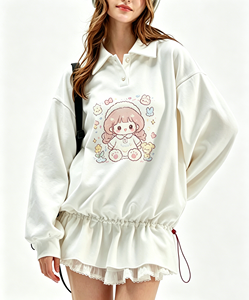 Sudadera de Mujer de Manga Larga con Estampado de Dibujos Animados Kawaii, <span class=keywords><strong>Cuello</strong></span> Tipo <span class=keywords><strong>Polo</strong></span> de Algodón Suave, Cintura Elástica con Volantes y Capucha - Product Image 1