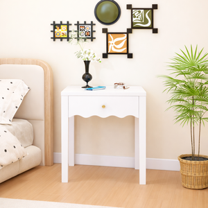 Comodino Bianco con Cassetto, Tavolino Moderno dal Design Ondulato, Tavolino Compatto per Camera da Letto e Soggiorno - Product Image 3