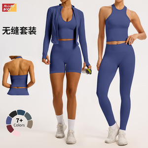 Ensemble de yoga Allure Body pour femme, 2 pièces, couleur unie, col montant, fermeture éclair intégrale, manches longues avec trous pour les pouces, vêtements de sport - Product Image 3