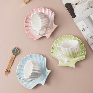 Tasse à café et soucoupe en céramique à dégradé de couleur, vente chaude, coquille de perle, pour le petit-déjeuner à la maison, tasses à thé avec plateau - Product Image 2