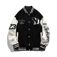 Jaket bisbol pria kustom jaket bomberkancing tertutup leher V bantalan lengan kulit asli bordir jaket Chenille