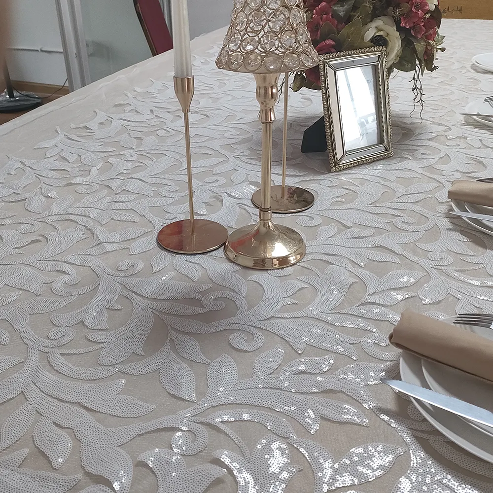 Weiße runde europäische Luxus Pailletten Mesh Tisch Overlay Stoff Stickerei für Hochzeit Design Tischdecken Leinen 152*264