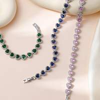 Bracelet tennis en zircon 5A en forme de cœur, rose, vert, bleu, best-seller, bracelet cœur coloré tendance pour femmes, bijoux