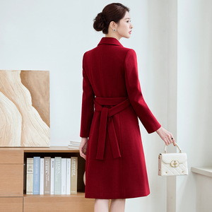 Women's <b>Wool</b> Blend Coat Red Green Double Breasted Belted Mid Length Autumn Winter Outerwear - Product Image 3