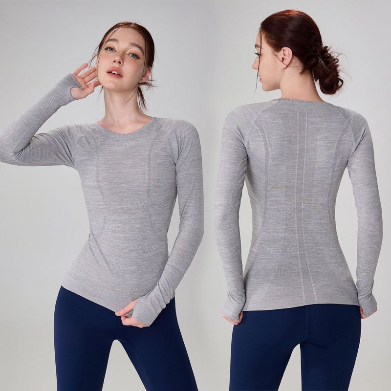 Seamless Slim Yoga Top Women's Round Neck Sports Long Sleeve Fingerstall Tight Breathable Fitness Women's T-shirts