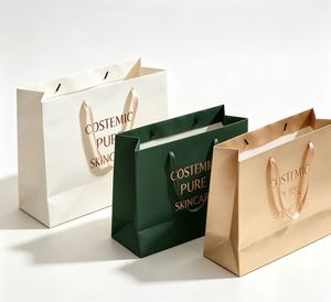 Custom printed personalized shopping paper <b>bags</b> With Ribbon Handles Gold Stamp Printing Reusable Paper <b>Bag</b> Cosmetic Packaging - Product Image 2