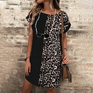 Factory Price Women's Short Sleeve Color Block Leopard Full Print Tunic Dress Short Sleeve Knit Dress Elegant Knitted Dresses