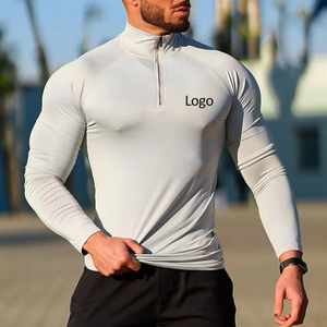 Camisas de media cremallera para hombre, atuendo deportivo ajustado, peso ligero, estampado de logotipo, cuatro vías, estiramiento, playa, manga larga, Top de entrenamiento - Product Image 1