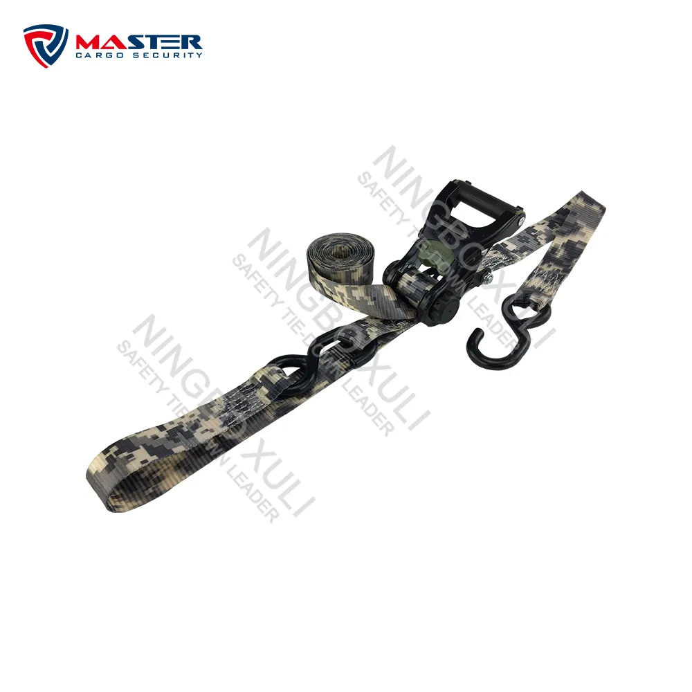 1-1/4 inch x 10 feet web clamp digital camo ratchet tie down strap with loop