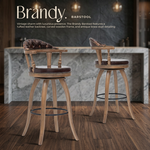 Tabouret de bar en cuir capitonné vintage traditionnel avec structure en bois massif, siège pivotant, design antique pour bar à domicile, salle à manger - Product Image 3
