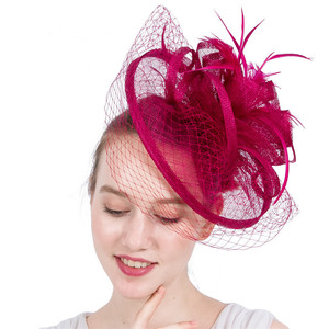 Chapeaux de fascinateur pour <span class=keywords><strong>femme</strong></span> Sinamay kentucky derby avec pince à cheveux fascinateur d'église avec voile et plume de filet de cage à oiseaux - Product Image 2